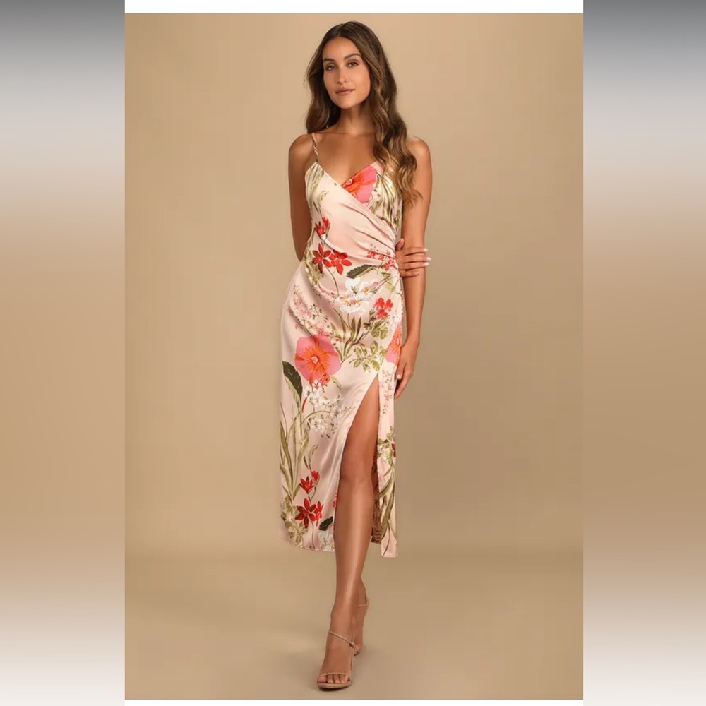 Lulu's Pink Floral Maxi Dress with Coral & Green Accents